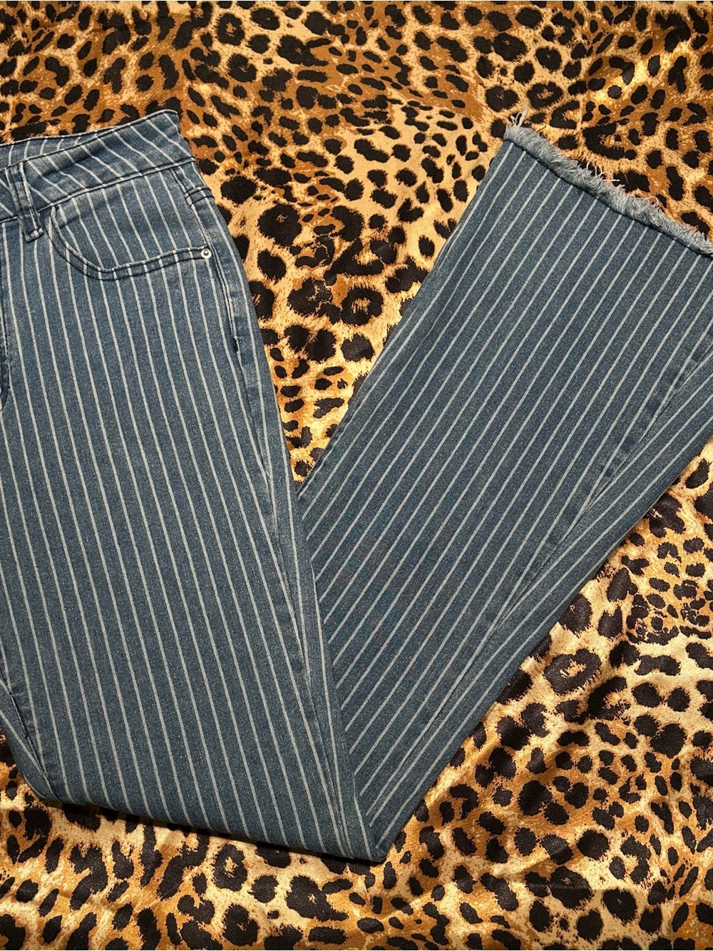 ❌SOLD❌Blue Pinstripe Flared High Waisted Jeans with Raw Hem